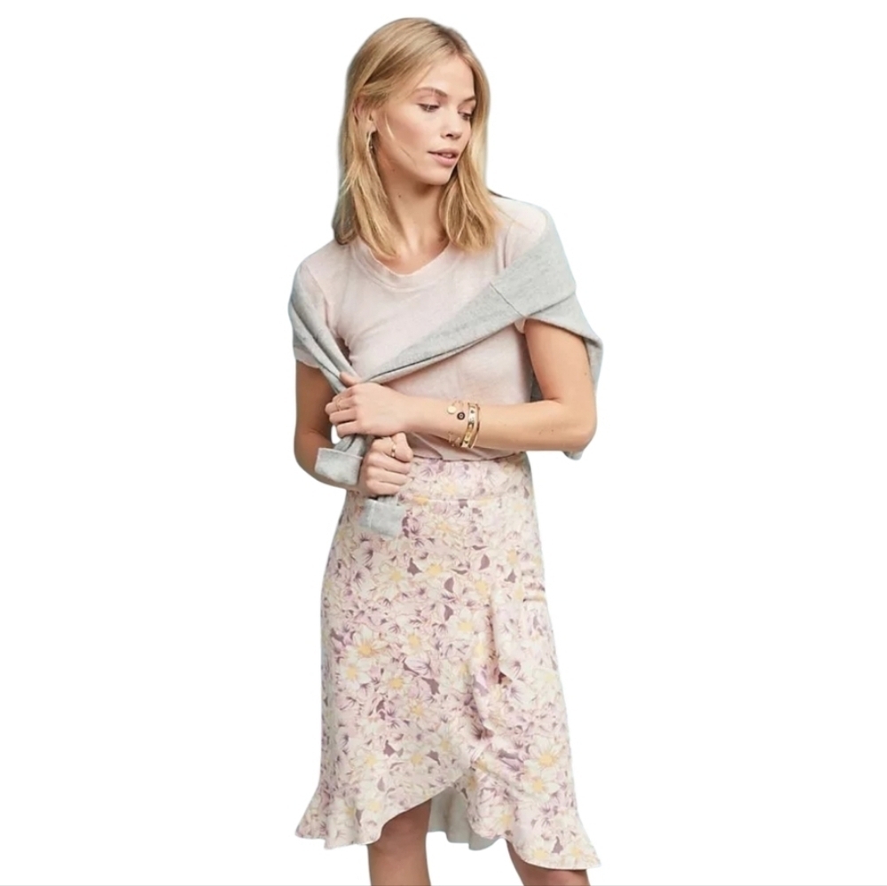 Anthropologie Womens Ruffled Floral Pencil Skirt‎ Size 2